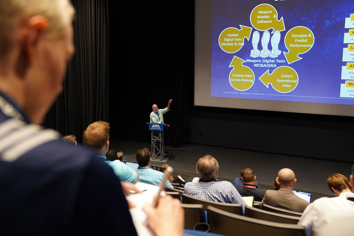 Dr. Will Curtis, Air Force Research Laboratory Munitions Directorate science and technology advisor, briefs the audience at the AFWERX Collider event aimed at exploring commercial solutions for software-enabled weapons at the University of Alabama in Huntsville, July 17-18, 2024.