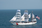 The Coast Guard Cutter Eagle sails from Norfolk, Virginia, to Boston, June 12, 2017. The Eagle is a 295-foot barque sailing vessel used to train Coast Guard Academy cadets in the historic aspects of sailing, leadership, navigation and teamwork. (U.S. Coast Guard photo by Auxiliarist David Lau/Released)