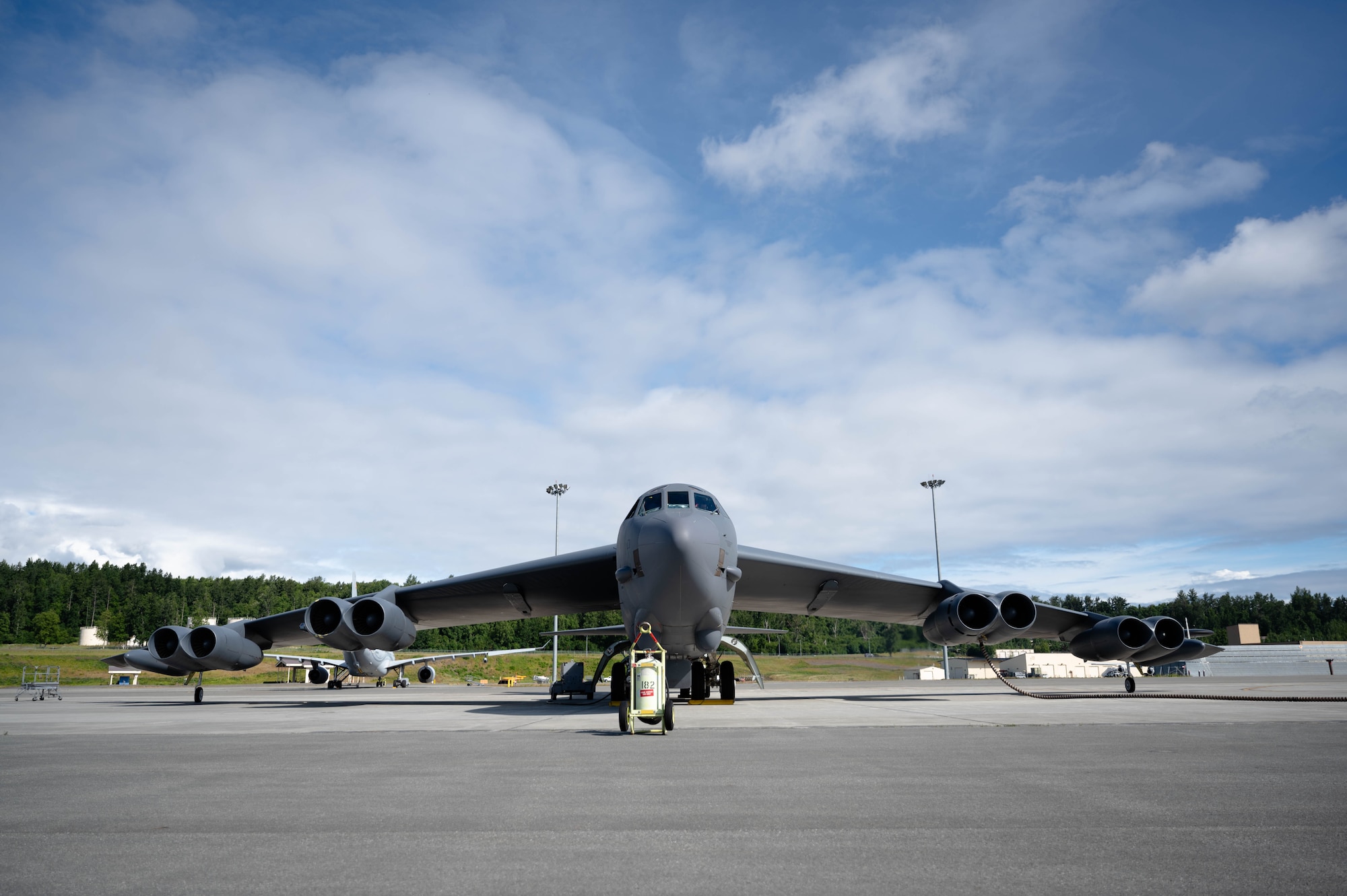 A U.S. Air Force B-52 Stratotanker from the 69th Bomb Squadron, Minot Air Force Base, N.D., prepares for takeoff July 17, 2024 on Joint Base Elmendorf-Richardson, Alaska.