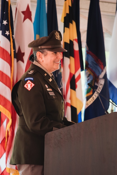 Col. Estee Pinchasin, 69th commander and district engineer of the U.S. Army Corps of Engineers (USACE), Baltimore District, provides departing remarks during a change of command ceremony at the Washington Aqueduct in Washington D.C., July 25, 2024. Col. Francis Pera assumed command of the district from Col. Estee Pinchasin, who had served in the role since July 2021. (U.S. Army photo by Thomas Deaton)