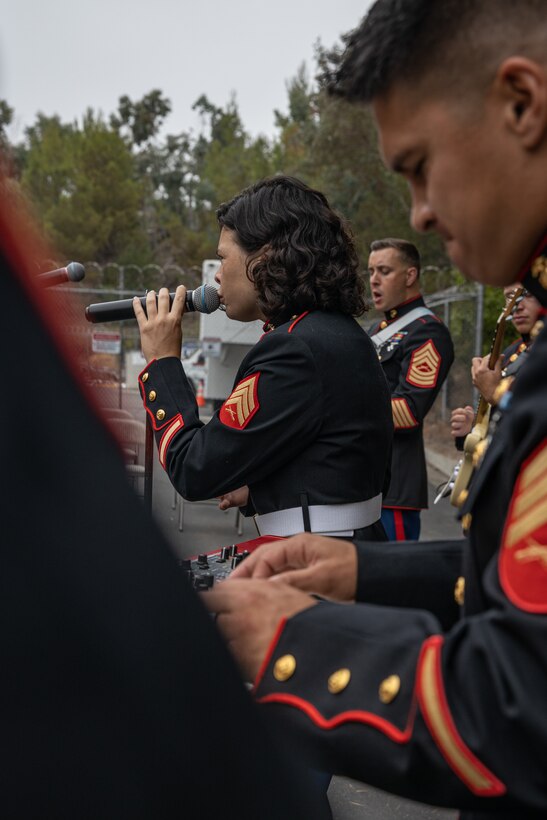 U.S. Marines with Marine Band San Diego perform music at KUSI-TV television station San Diego, July 10, 2024. The Marine Band San Diego participated in a live news performance and interview to help promote their neighborhood activation concert in Little Italy. (U.S. Marine Corps photo by Cpl. Sarah M. Grawcock)