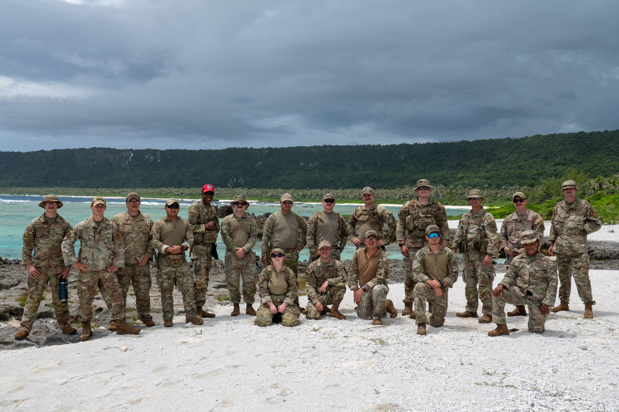 736th Security Forces Squadron Airmen pose for a photo on Andersen Air Force Base, Guam, July 25, 2024. In the latter weeks of July the 736th SFS participated in a Jungle course aimed to enhance ground force capabilities in Jungle Environment. They learned different survival skills such as water confidence, water purification, trap making, evasion tactics and other skills useful in jungle warfare. (U.S. Air Force photo by Airman 1st Class Audree Campbell)