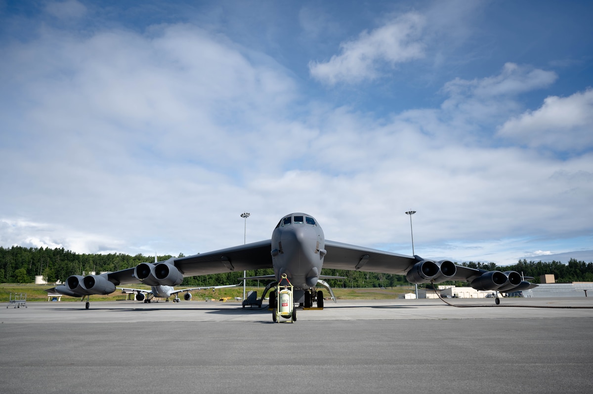 A U.S. Air Force B-52 Stratotanker from the 69th Bomb Squadron, Minot Air Force Base, N.D., prepares for takeoff July 17, 2024 on Joint Base Elmendorf-Richardson, Alaska.