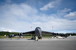 A U.S. Air Force B-52 Stratotanker from the 69th Bomb Squadron, Minot Air Force Base, N.D., prepares for takeoff July 17, 2024 on Joint Base Elmendorf-Richardson, Alaska.