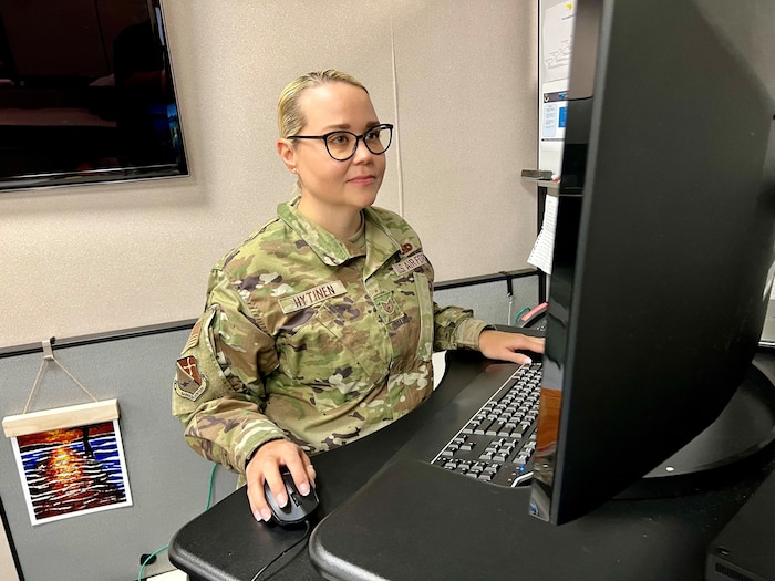 Tech. Sgt. Kate Hytinen, Barnes Center Foundations noncommissioned officer in charge, reviews Foundations curriculum at the Thomas N. Barnes Center for Enlisted Education, July 25, 2024. Foundations curriculum achieved full operational capability July 19, 2024, after nine months of course testing and training. (U.S. Air Force photo/Brian Ferguson)