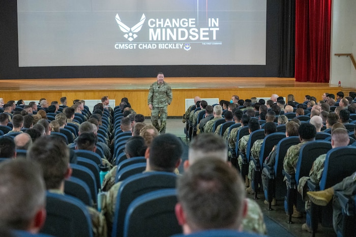 U.S. Air Force Chief Master Sgt. Chad Bickley, command chief of Air Education and Training Command, talks with Airmen during a “Change in Mindset” brief at Altus Air Force Base, Oklahoma, July 11, 2024. Bickley discussed the importance of cultivating a warfighting culture and re-optimization for the Great Power Competition. (U.S. photo by Airman 1st Class Heidi Bucins)