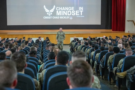 U.S. Air Force Chief Master Sgt. Chad Bickley, command chief of Air Education and Training Command, talks with Airmen during a “Change in Mindset” brief at Altus Air Force Base, Oklahoma, July 11, 2024. Bickley discussed the importance of cultivating a warfighting culture and re-optimization for the Great Power Competition. (U.S. photo by Airman 1st Class Heidi Bucins)