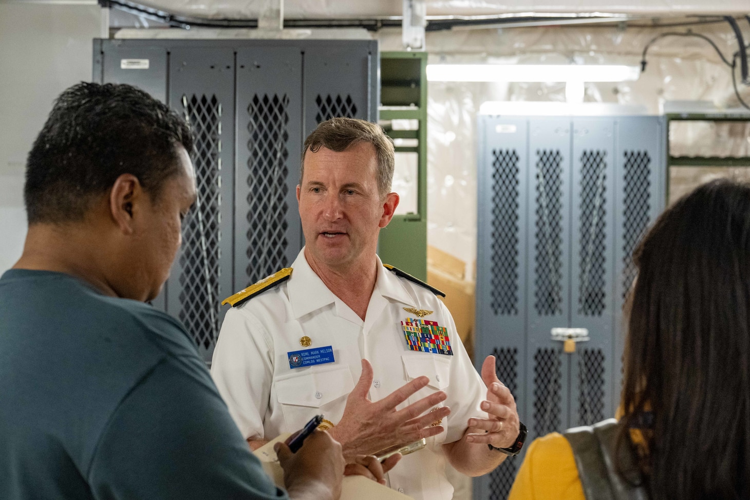 INGAPORE (July 23, 2024) Rear Adm. Mark A. Melson, Commander, Logistics Group Western Pacific/Task Force 73 (COMLOG WESTPAC/CTF 73) and U.S. Pacific Fleet Executive Agent for Pacific Partnership, center, explains the mission to local reporters aboard the Spearhead-class expeditionary fast transport ship USNS City of Bismarck (T-EPF 9), during a scheduled port visit to Singapore Naval Installation (SNI) as part of Pacific Partnership. Now in its 20th iteration, Pacific Partnership series is the largest annual multinational humanitarian assistance and disaster relief preparedness mission conducted in the Indo-Pacific. (U.S. Navy photo by Mass Communication Specialist 1st Class Jomark A. Almazan)