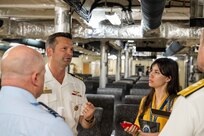 SINGAPORE (July 23, 2024) Capt. Daniel J. Keeler, the Pacific Partnership 2024-2 mission commander, middle-left, explains the Pacific Partnership mission to local reporters aboard the Spearhead-class expeditionary fast transport ship USNS City of Bismarck (T-EPF 9), during a scheduled port visit to Singapore Naval Installation (SNI) as part of Pacific Partnership. Now in its 20th iteration, Pacific Partnership series is the largest annual multinational humanitarian assistance and disaster relief preparedness mission conducted in the Indo-Pacific. (U.S. Navy photo by Mass Communication Specialist 1st Class Jomark A. Almazan)