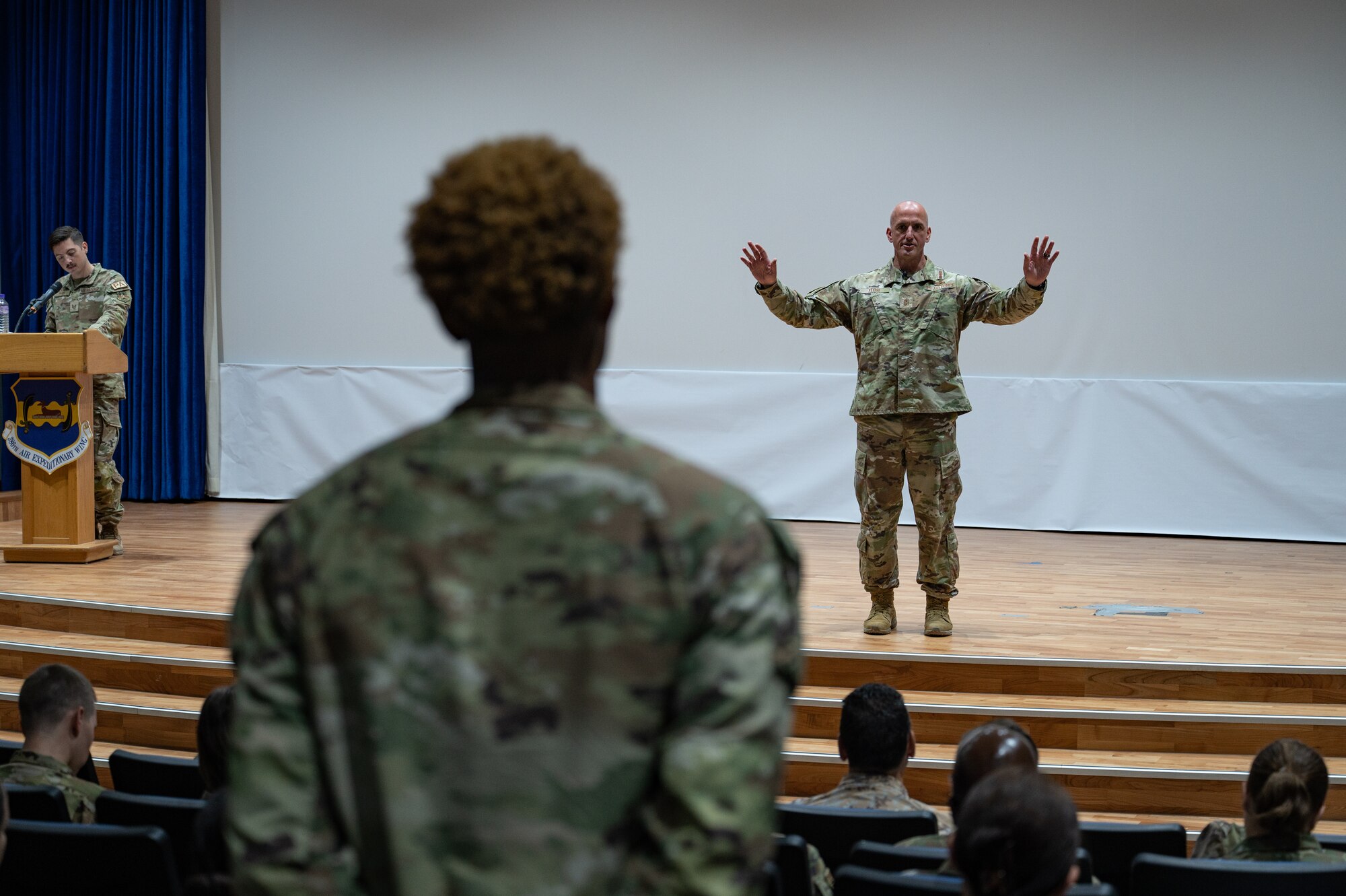 Chief Master Sgt. of the Air Force David Flosi
answers a question during his base-wide
all-call.