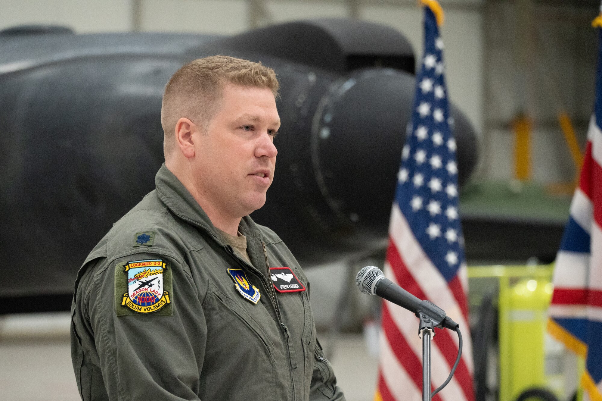 U.S. Air Force Lt. Col. Joseph J. Raisner, 99th Expeditionary Reconnaissance Squadron incoming commander gives a speech.