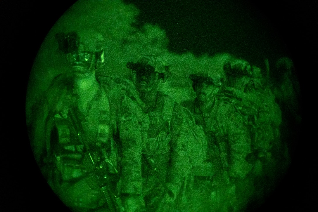 Marines stand in a line at night, illuminated by a green light.