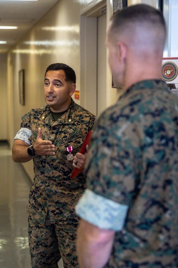 U.S. Marine Corps Maj. Cesar Lopez, an operational contract support officer with the Regional Contracting Office, Marine Corps Installations Pacific, gives his remarks during an award ceremony on Camp Foster, Okinawa, Japan, June 3, 2024. Lopez was presented with a Meritorious Service Medal, gold star in lieu of a second award. Lisewski visited MCIPAC Marines to present awards and challenge coins in recognition of their work. Liszewski is a native of Maryland and Lopez is a native of Virginia. (U.S. Marine Corps Photo by Sgt. Maximiliano Rosas)