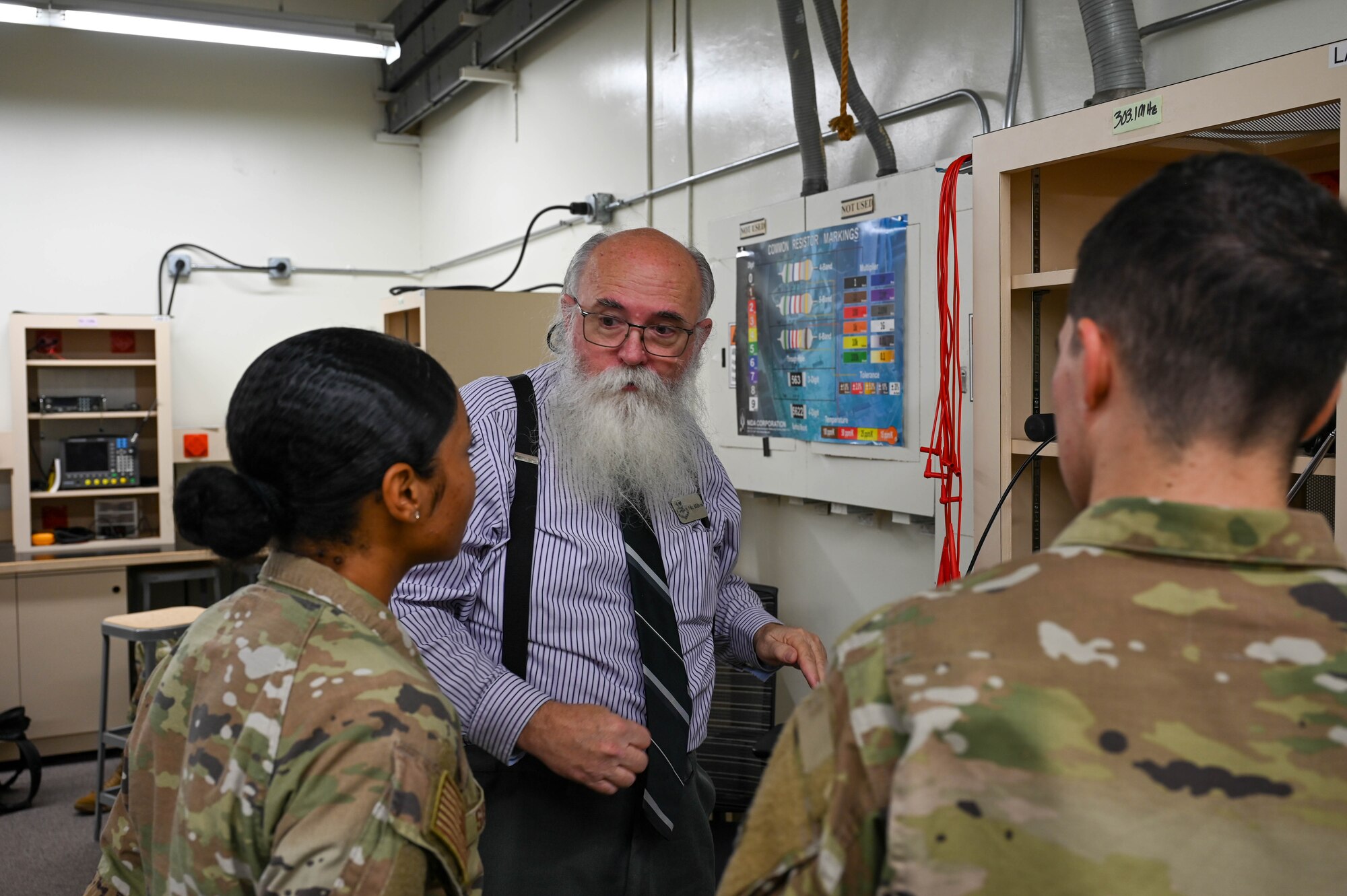 Edward Hilton, 338th Training Squadron Radio Frequency Transmissions Systems instructor, demonstrates how to interpret frequencies at Keesler Air Force Base, Mississippi, July 22, 2024.