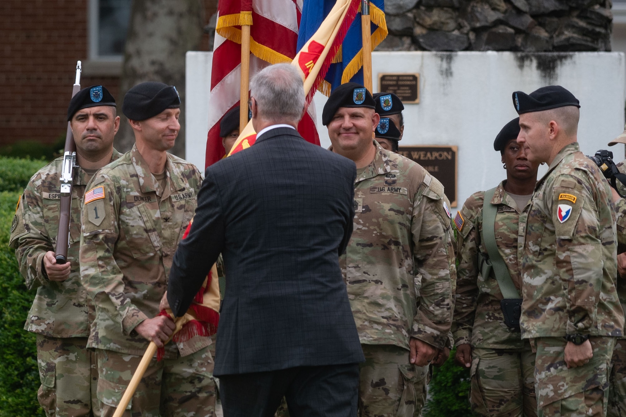 .S. Army Support Activity senior leaders participate in a change of command ceremony at Joint Base McGuire-Dix-Lakehurst, N.J., July 25, 2024. U.S. Army Lt. Col. Christopher Tison (right), USASA Fort Dix outbound commander, relinquished command to Col. Bryan Dunker (left), USASA Fort Dix inbound commander. (U.S. Air Force photo by Staff Sgt. Monica Roybal)