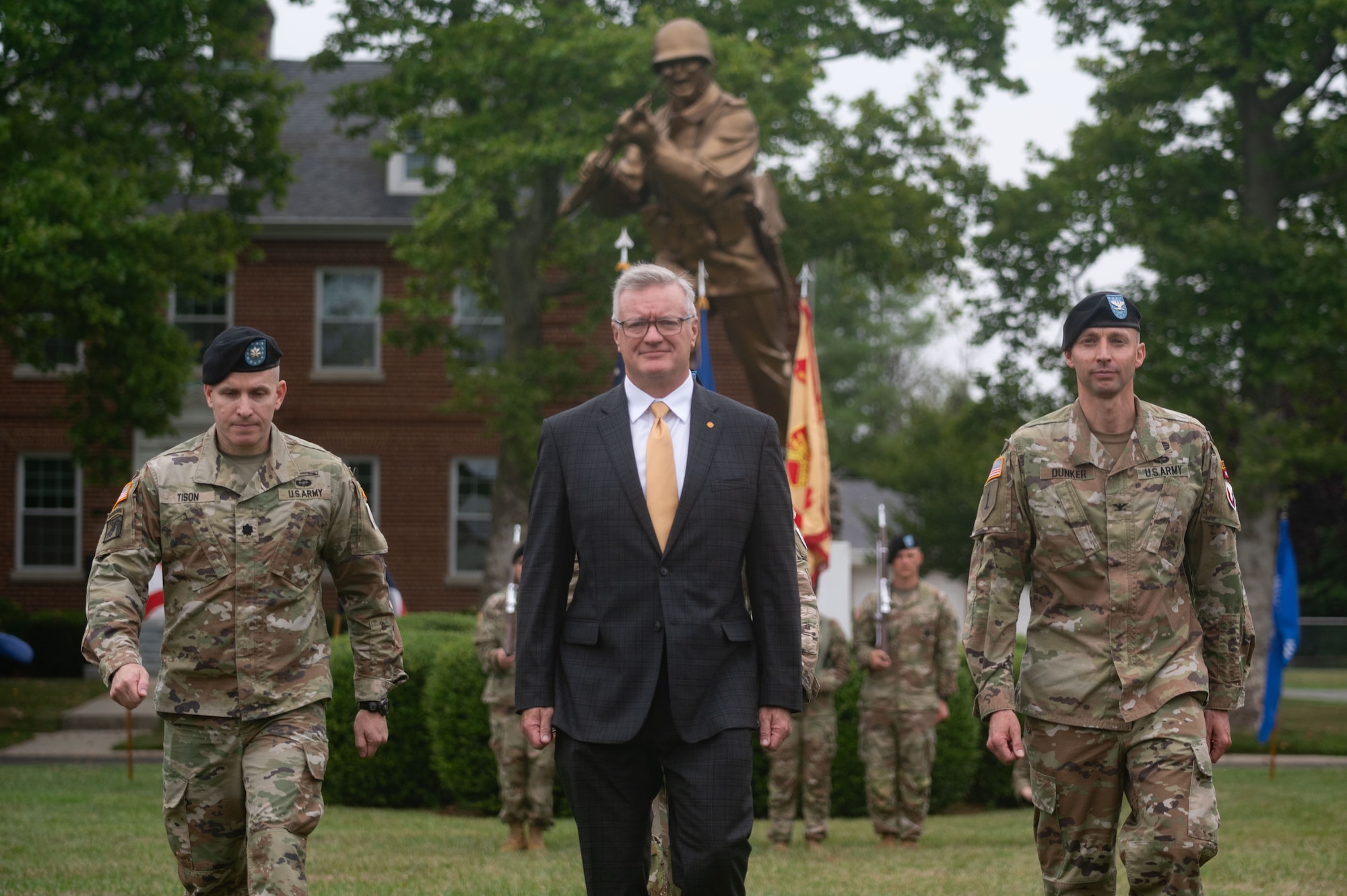 U.S. Army Lt. Col. Christopher Tison (left), U.S. Army Support Activity Fort Dix former commander, participates in a change of command ceremony with Mr. Patrick J. Appelman (center), Installation Management Command director, and Col. Bryan Dunker (right), USASA Fort Dix commander, at Joint Base McGuire-Dix-Lakehurst, N.J., July 25, 2024. Prior to his current position, Dunker served as the executive officer for U.S. Northern Command’s deputy director. (U.S. Air Force photo by Staff Sgt. Monica Roybal)