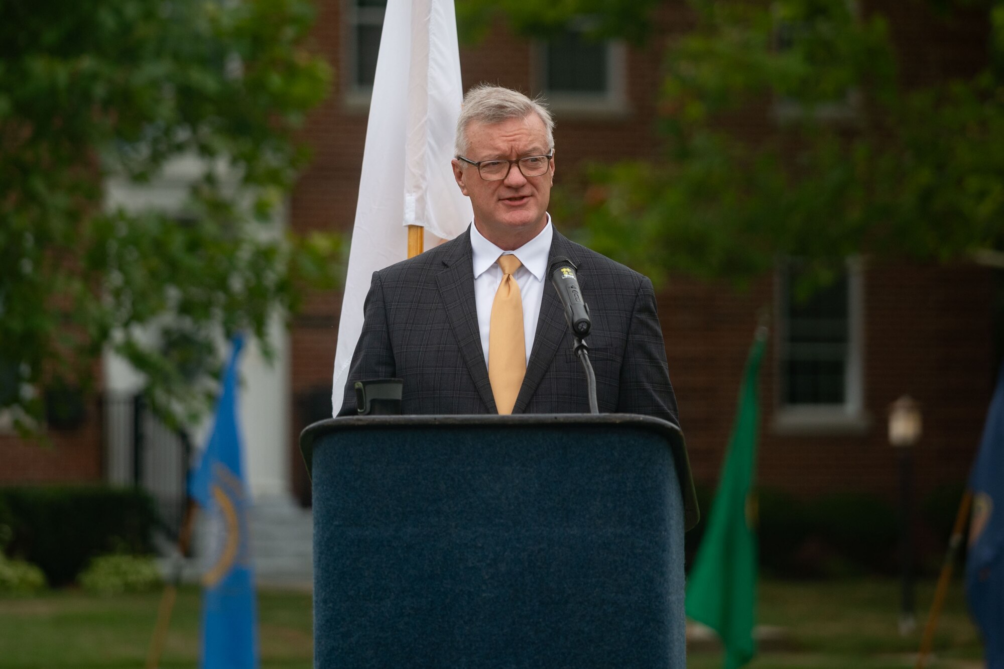 Mr. Patrick J. Appelman, Installation Management Command director, gives remarks during a U.S. Army Support Activity change of command ceremony at Joint Base McGuire-Dix-Lakehurst, N.J., July 25, 2024. U.S. Army Lt. Col. Christopher Tison, USASA Fort Dix outbound commander, relinquished command to Col. Bryan Dunker, USASA Fort Dix inbound commander. (U.S. Air Force photo by Staff Sgt. Monica Roybal)