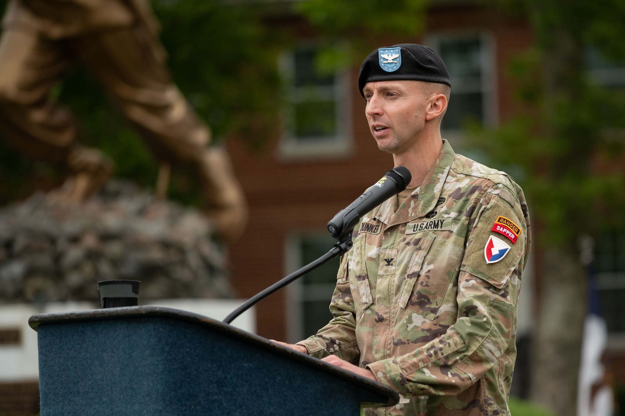 U.S. Army Col. Bryan Dunker, U.S. Army Support Activity Fort Dix commander, gives remarks during a USASA change of command ceremony at Joint Base McGuire-Dix-Lakehurst, N.J., July 25, 2024. Dunker assumed command from Lt. Col. Christopher Tison, USASA Fort Dix former commander. (U.S. Air Force photo by Staff Sgt. Monica Roybal)
