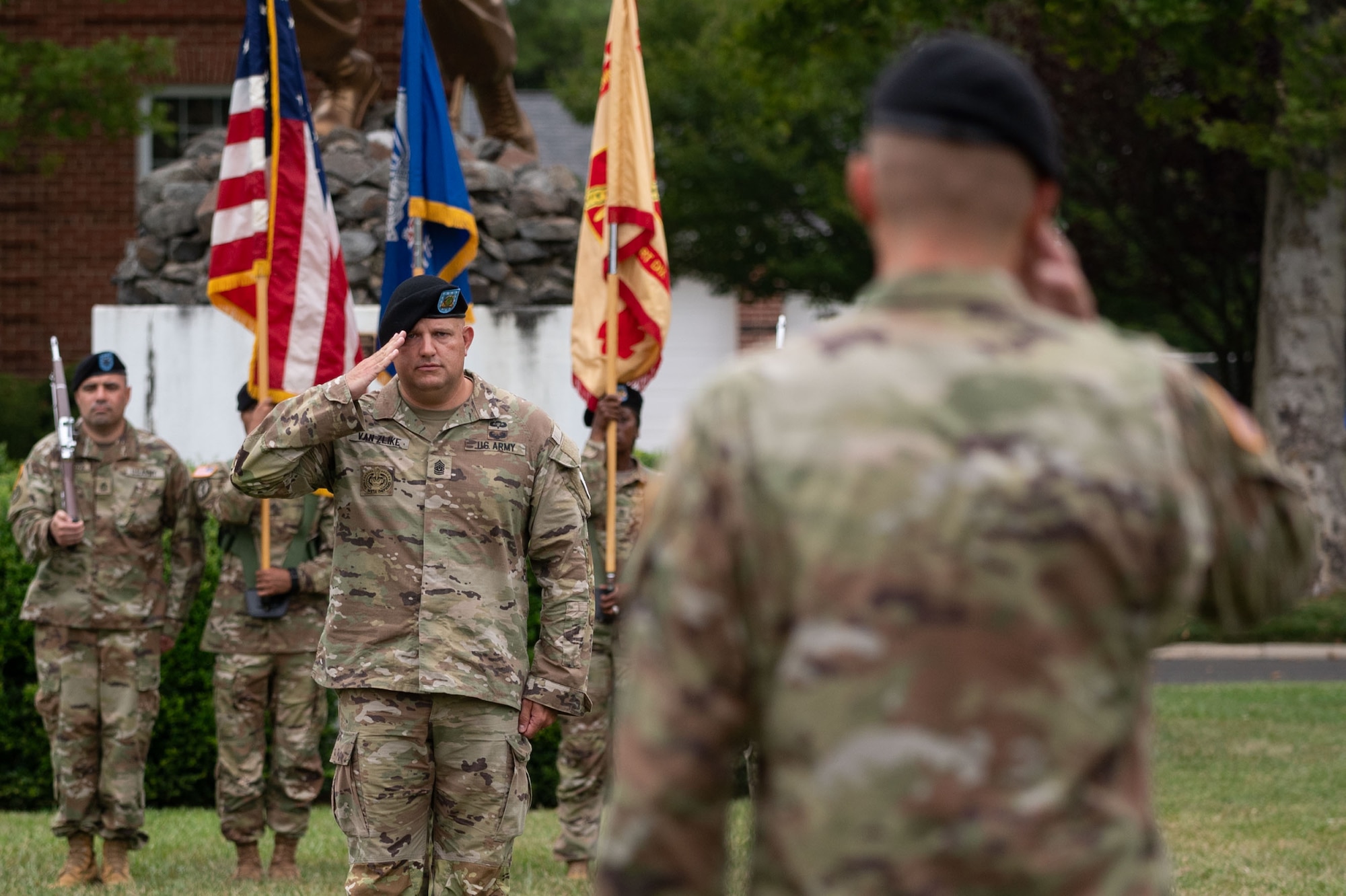U.S. Army Command Sgt. Maj. James Van Zlike, U.S. Army Activity Fort Dix command sergeant major, renders a salute to Col. Bryan Dunker, USASA Fort Dix commander, during a change of command ceremony at Joint Base McGuire-Dix-Lakehurst, N.J., July 25, 2024. Prior to his current position, Dunker served as the executive officer for U.S. Northern Command’s deputy director. (U.S. Air Force photo by Staff Sgt. Monica Roybal)