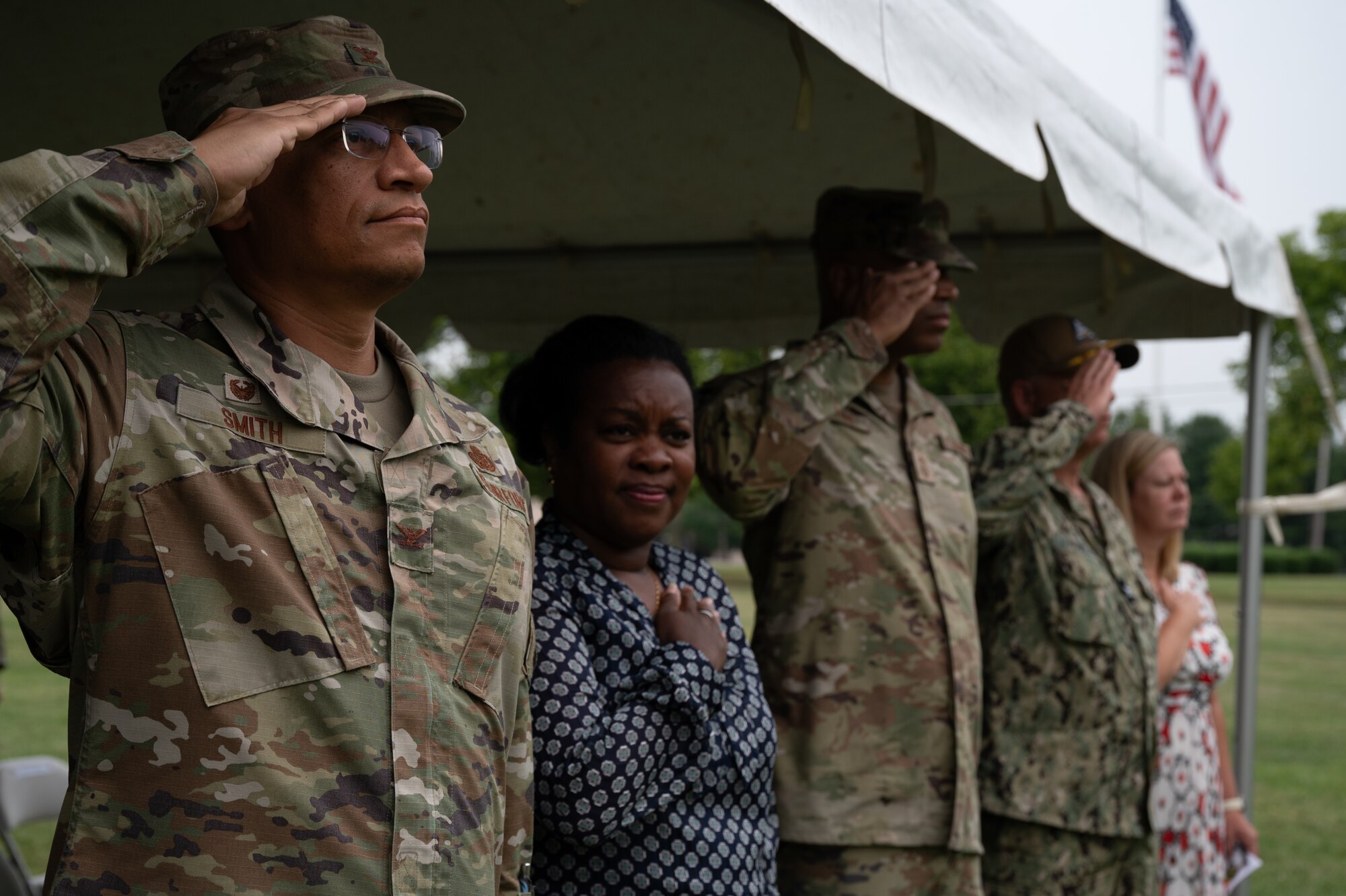 Joint Base McGuire-Dix-Lakehurst senior leaders render a salute during a U.S. Army Support Activity Fort Dix change of command ceremony at JB MDL, N.J., July 25, 2024. U.S. Army Lt. Col. Christopher Tison, USASA Fort Dix outbound commander, relinquished command to Col. Bryan Dunker, USASA Fort Dix inbound commander. (U.S. Air Force photo by Airman 1st Class Aidan Thompson)