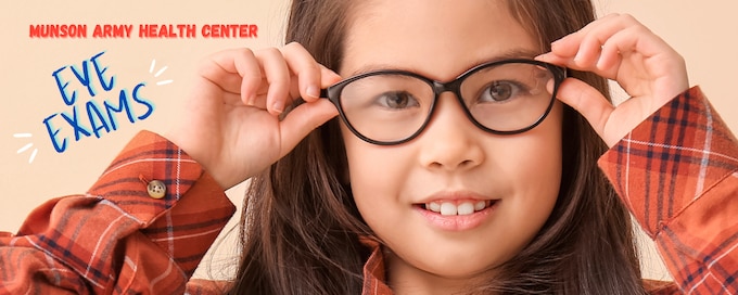 Image of girl wearing glasses and the word Eye Exams
