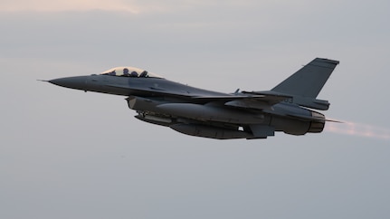 An F-16 Fighting Falcon aircraft performs a low pass over Malacky Air Base, Slovakia, July 22, 2024. The aircraft were flown by U.S. Air Force pilots and were the first F-16s to be delivered from Lockheed Martin to Slovakia.