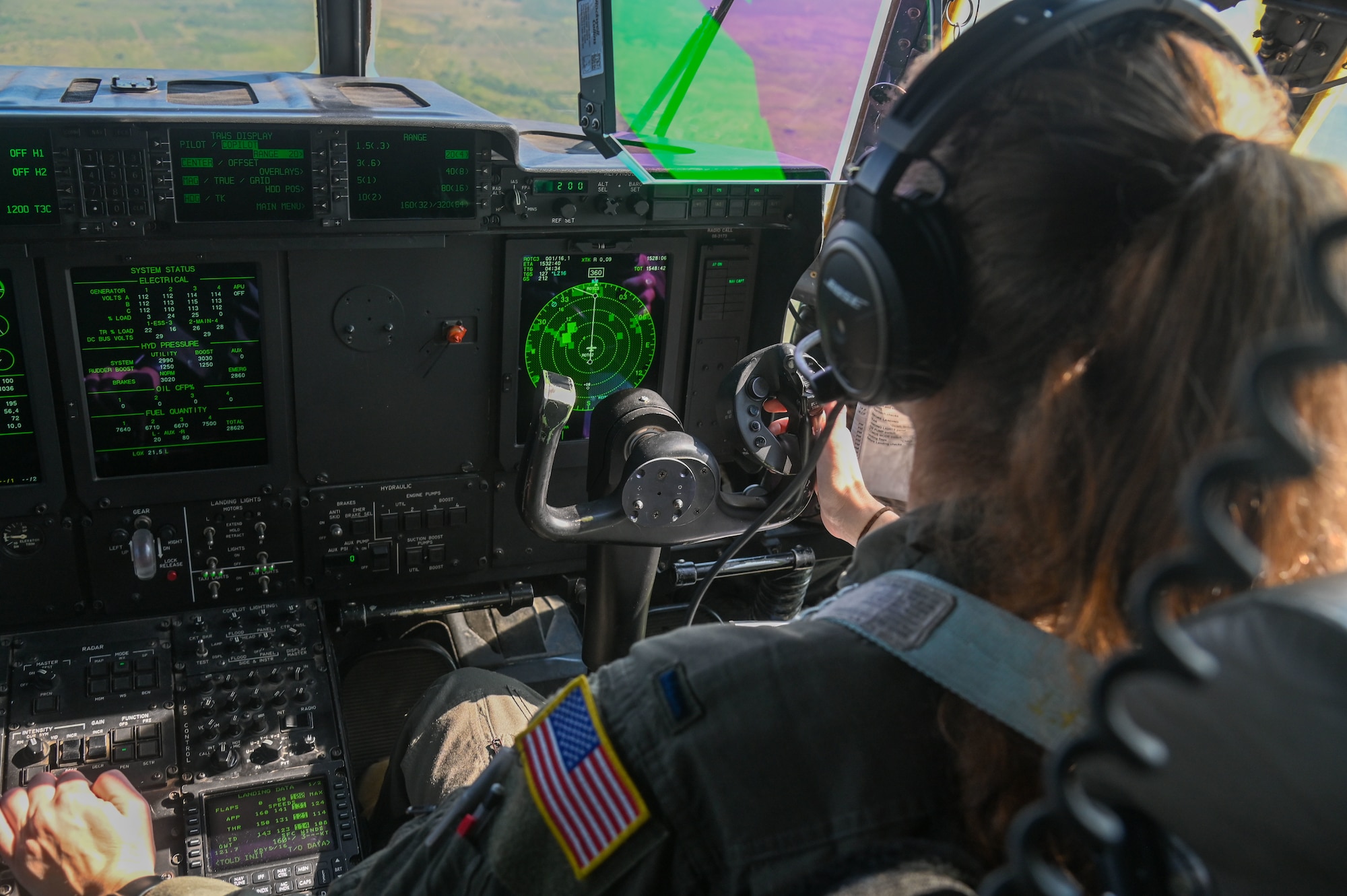 U.S. Air Force 1st Lt. Samantha Howard, C-130J Super Hercules co-pilot, flies with the Goodfellow Air Force Base honorary commanders during their visit to Dyess Air Force Base, Texas, July 24, 2024. The C-130J Super Hercules mainly handles the tactical side of airlift missions as it can operate from rough, dirt airstrips and is the go-to transport for airdropping troops and equipment into hostile areas. (U.S. Air Force photo by Airman 1st Class James Salellas)