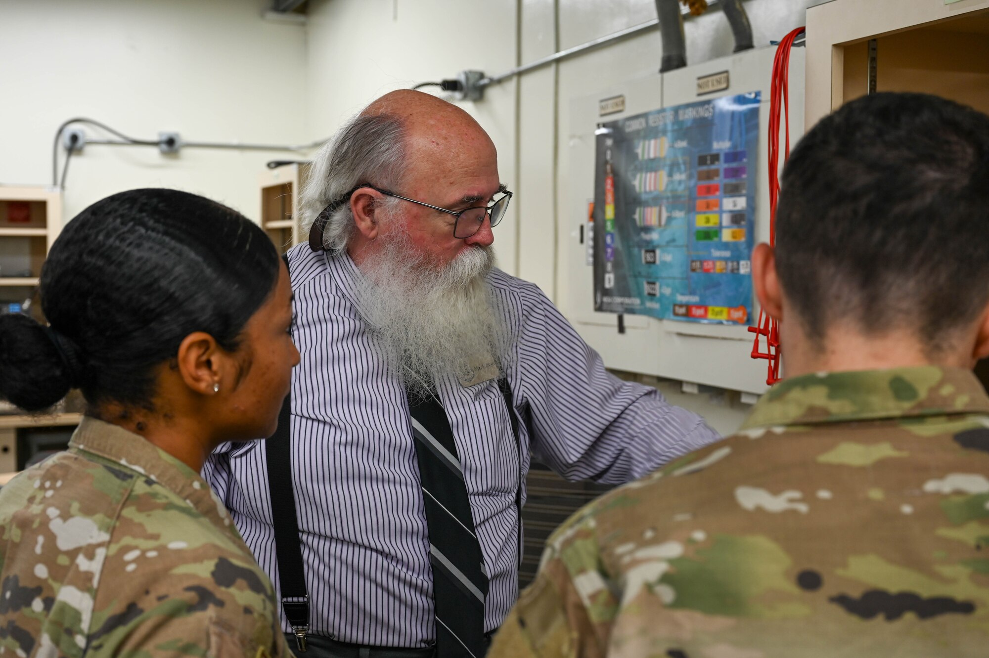 Edward Hilton, 338th Training Squadron Radio Frequency Transmissions Systems instructor, demonstrates how to interpret frequencies at Keesler Air Force Base, Mississippi, July 22, 2024.
