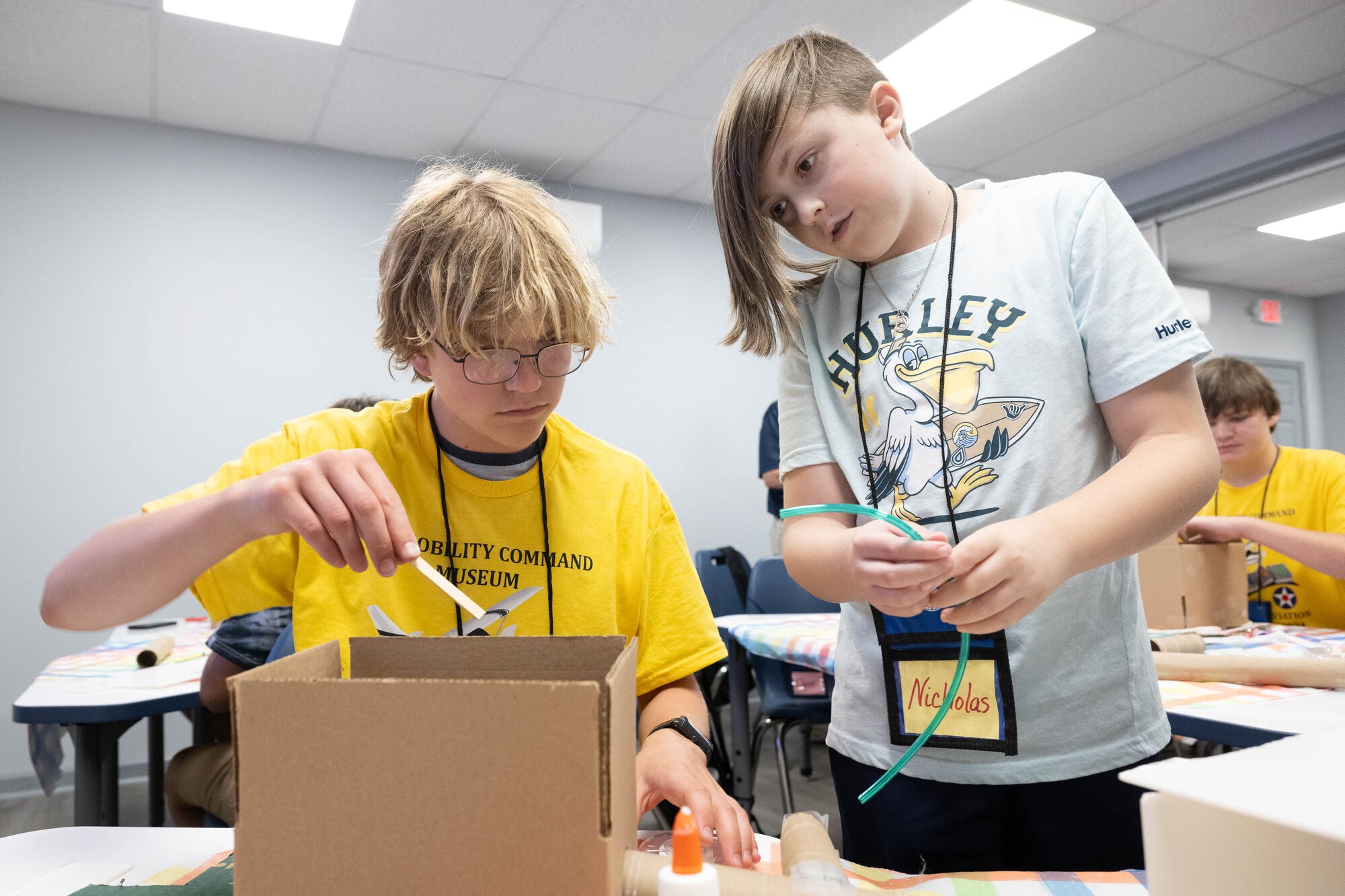 Sawyer Gray and Nicholas Landnesser build a diorama of a space habitat during Aviation Summer Camp at the Air Mobility Command Museum on Dover Air Force Delaware, July 24, 2024. The camp is designed for children ages 9-15, who are interested in aeronautics or a possible career in the U.S. Air Force. (U.S. Air Force photo by Mauricio Campino)