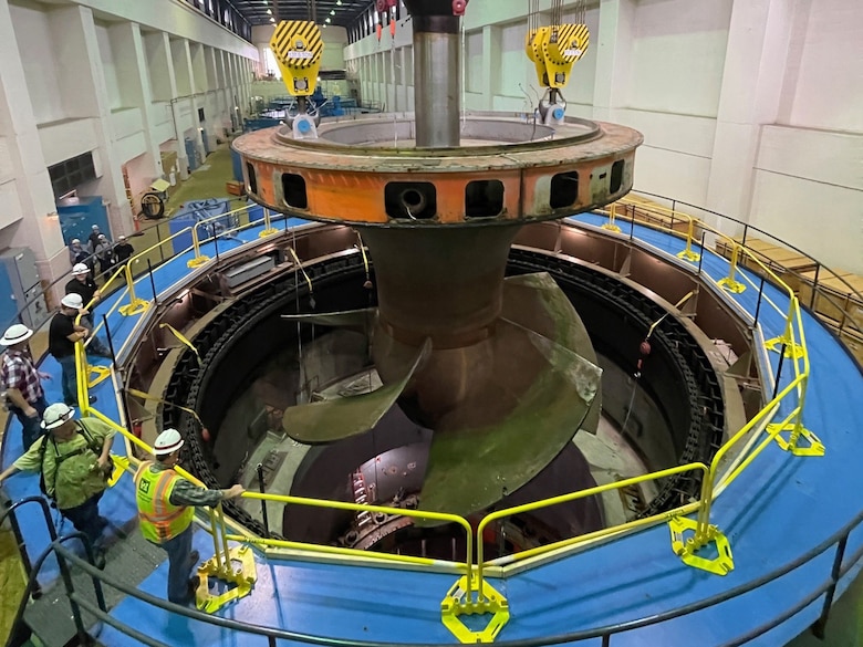 Safety took center stage when maintenance personnel removed a turbine from a hydropower unit Oct. 5, 2023, at Barkley Powerhouse on the Cumberland River in Kuttawa, Kentucky. (USACE Photo)