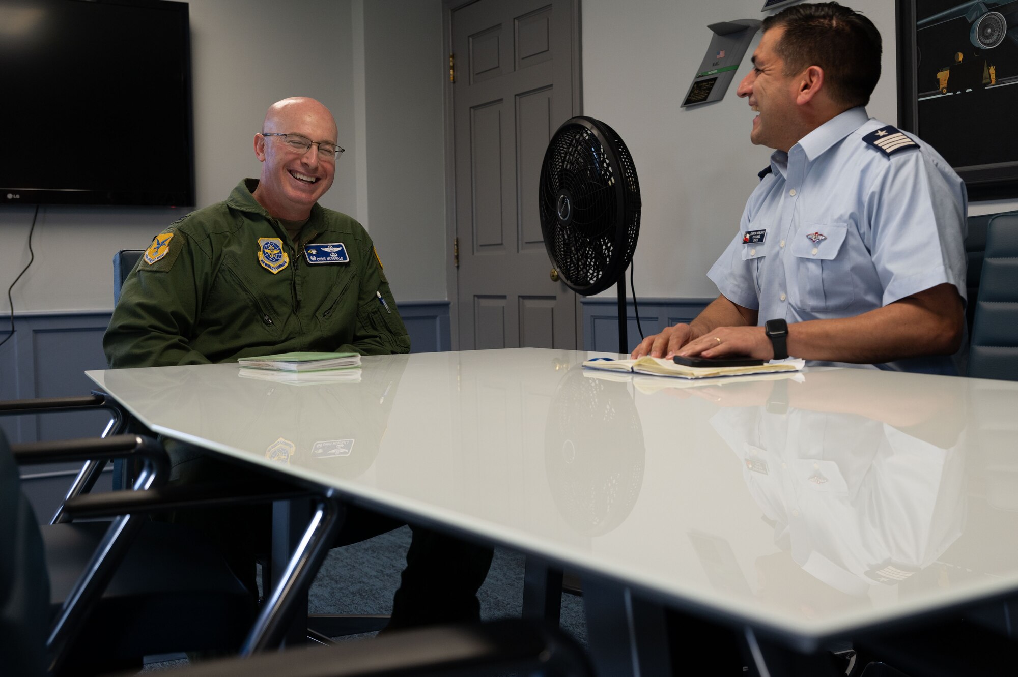 U.S. Air Force Col. Chris McDonald, left, 436th Airlift Wing commander, speaks with Chilean Air Force Col. Dabor Arbunic at Dover Air Force Base, Delaware, July 17th, 2024. The visit was part of a multi-day Foreign Military Sales mission between the United States and Chile. Chile is one of the United States’ strongest partners in Latin America and a leader in promoting respect for the rule of law, economic stability, education, environmental protection, human rights, and sustainable development. (U.S. Air Force photo by Senior Airman Dieondiere Jefferies)