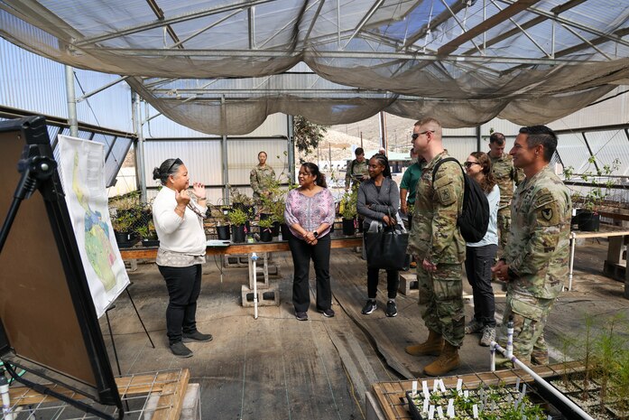 Pōhakuloa Training Area biologist provides an overview of the Natural Resources program to Army General Counsel Carrie F. Ricci, March 25, 2024. PTA is the U.S. Army’s training complex on Hawaii Island.