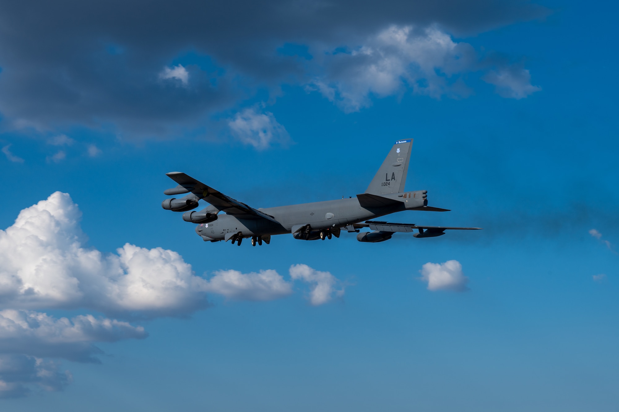 A B-52H Stratofortress from the 20th Bomb Squadron, Barksdale Air Force Base, La., takes off from Mihail Kogălniceanu Air Base, Romania, as part of Bomber Task Force Deployment 24-4, July 27, 2024. BTF 24-4 enhances combat readiness amongst participating NATO Allies and partner nations, ensuring their ability to rapidly respond to emerging threats.  (U.S. Air Force Photo by Senior Airman Seth Watson)