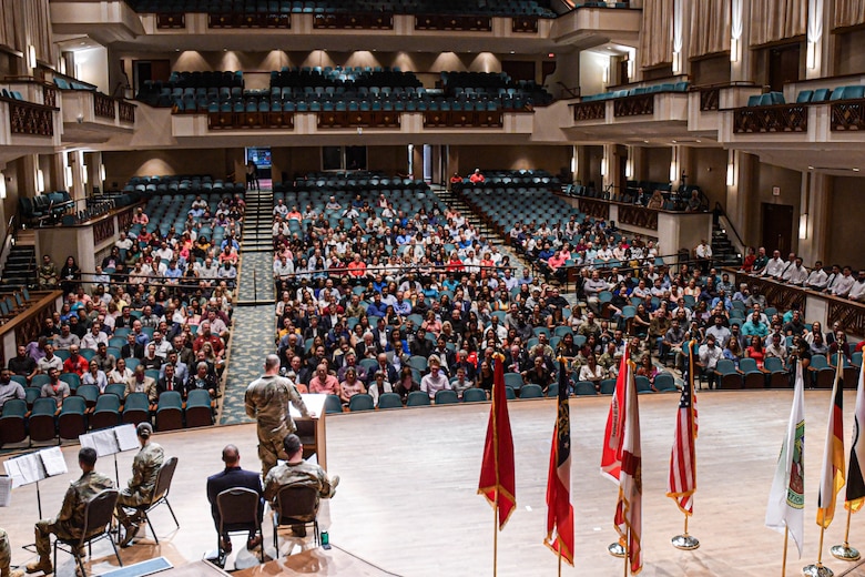 Brig. Gen. Daniel H. Hibner, commander of the U.S. Army Corps of Engineers, South Atlantic Division, addresses the Jacksonville District during a Change of Command ceremony at the Performing Arts Jacoby Symphony Hall in Jacksonville Fl., July 26, 2025.