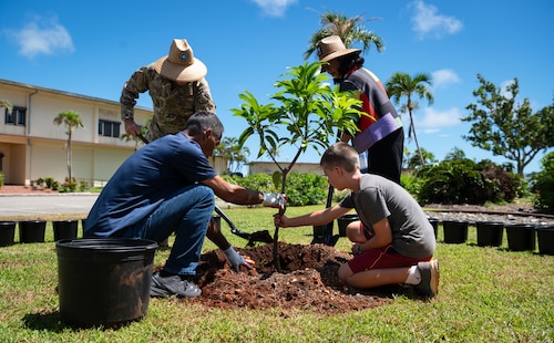 The Andersen Village Fruit Tree Project begins at Andersen Air Force Base, Guam, July 29, 2024. The AVFTP's goal is to plant fruit trees around base housing and other common areas for local and Andersen community members to enjoy a variety of free fresh fruit and foster an area for the community to meet and make friends. (U.S. Air Force photo by Staff Sgt. Pedro Tenorio)