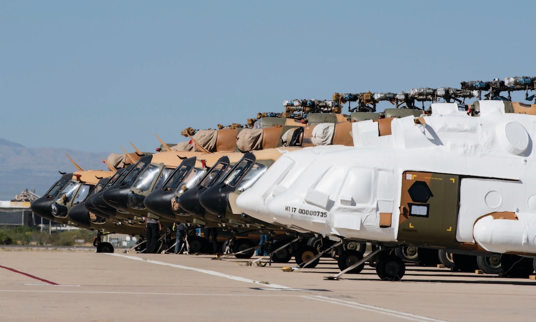 Eleven Mi-17 helicopters from 309th Aerospace Maintenance and Regeneration Group on Davis-Monthan Air Force Base, in Tucson, Arizona, are placed on flight line in preparation for transport to Ukraine.