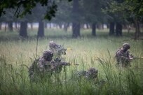 Members of Charlie Company, 3rd Battalion, 172nd Infantry Regiment (Mountain), 54th Troop Command, New Hampshire Army National Guard, move towards the objective while attacking the oppositional force during a simulated combat training during exercise RHINO HEART at the Normandy Barracks in Sennelager, Germany, on June 18, 2024.