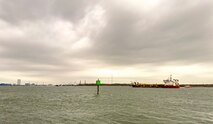 The trailing suction hopper dredge Padre Island from Great Lakes Dredge and Dock Company, LLC transits Galveston Harbor