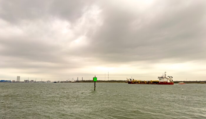 The trailing suction hopper dredge Padre Island from Great Lakes Dredge and Dock Company, LLC transits Galveston Harbor