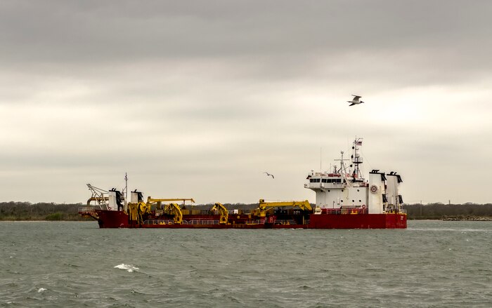 The trailing suction hopper dredge Padre Island from Great Lakes Dredge and Dock Company, LLC transits Galveston Harbor