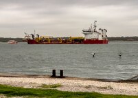The trailing suction hopper dredge Padre Island from Great Lakes Dredge and Dock Company, LLC transits Galveston Harbor