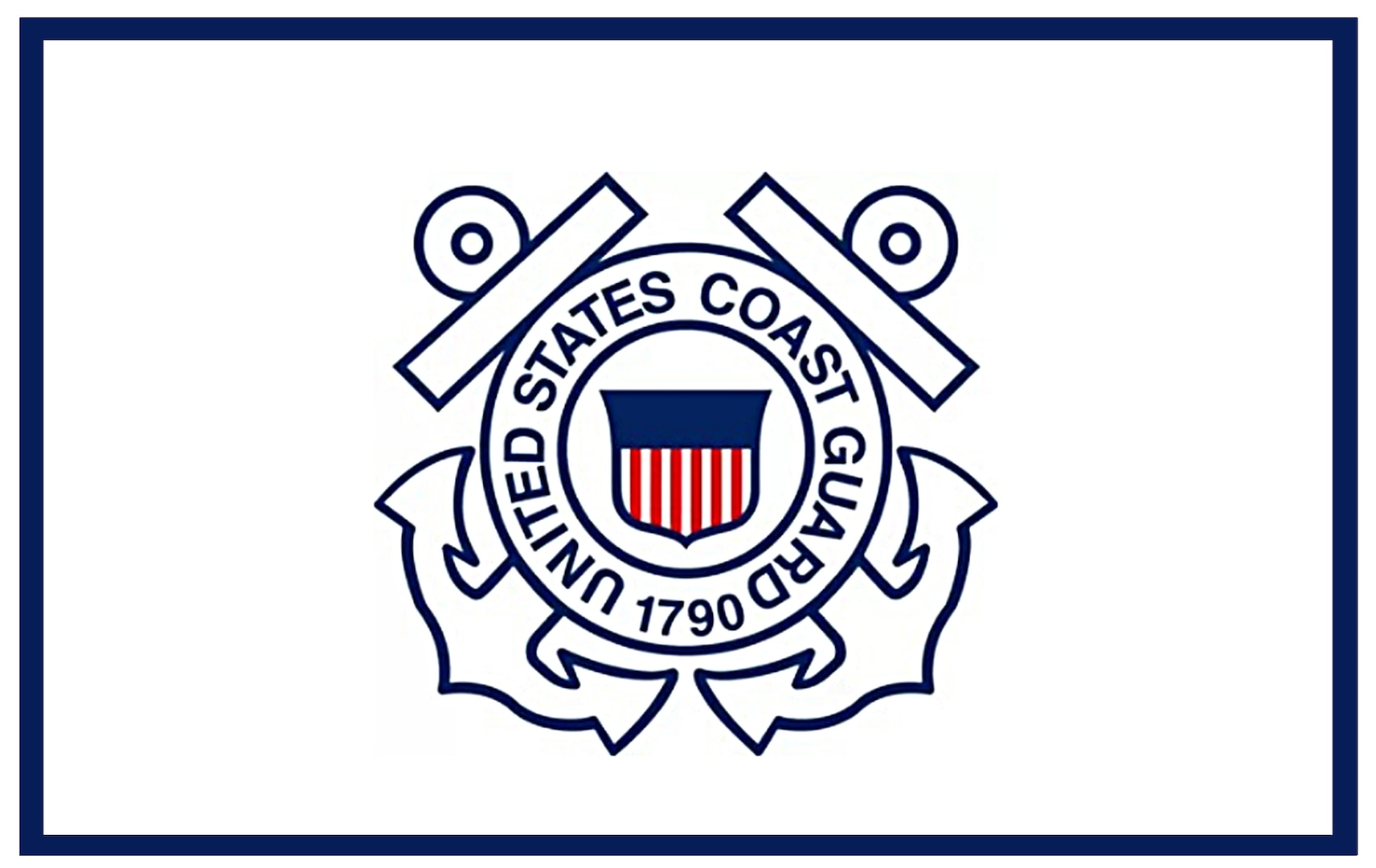 The USCG emblem over a white background with a navy-colored border around the background.