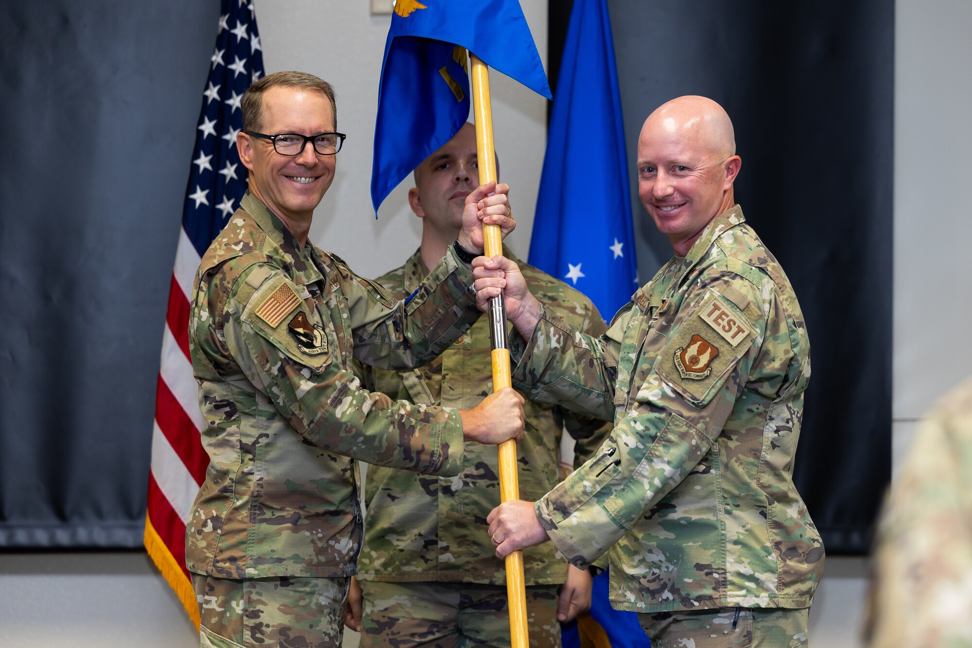 The 412th Mission Support Group held a change of command ceremony to bid farewell to Col. Jarod Blecher and welcomed Col. Christopher Carnduff at Edwards Air Force Base, California, July 15.