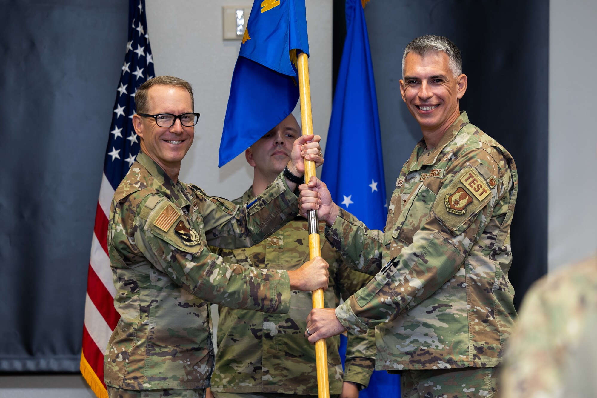 The 412th Mission Support Group held a change of command ceremony to bid farewell to Col. Jarod Blecher and welcomed Col. Christopher Carnduff at Edwards Air Force Base, California, July 15.