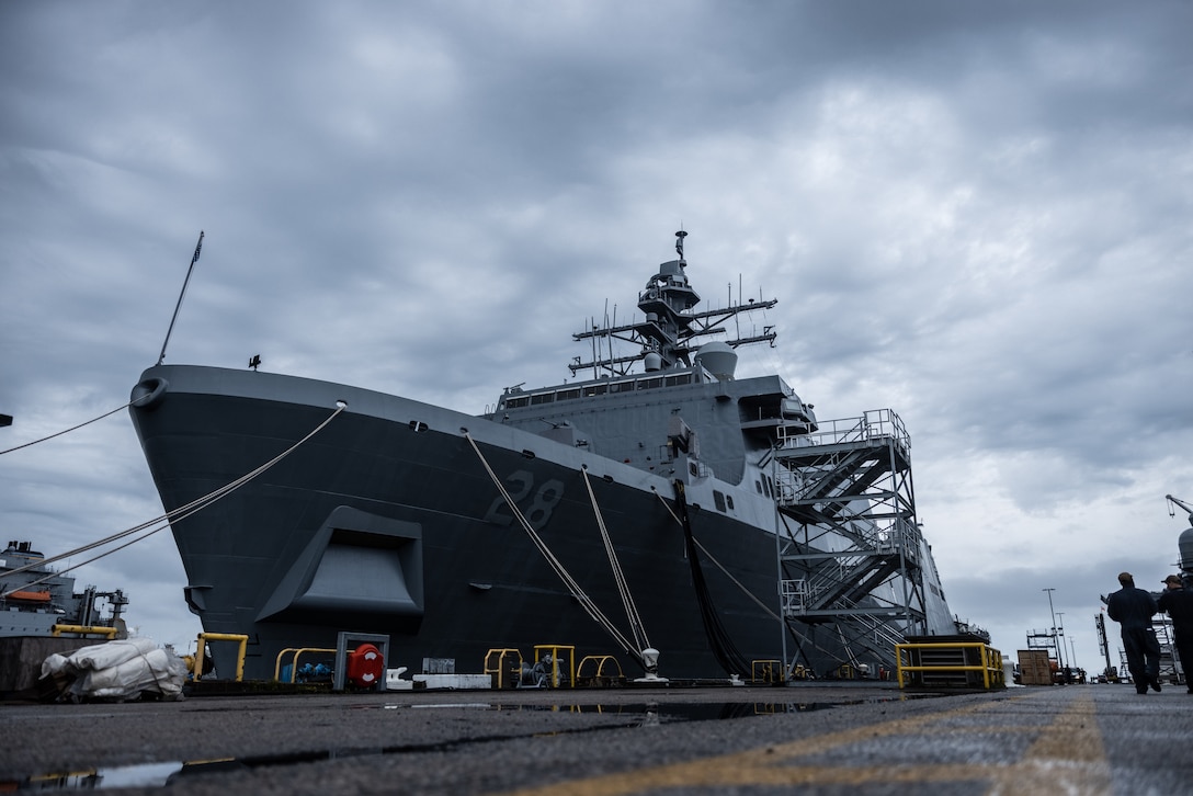 The USS Fort Lauderdale (LPD-28) sits at a port during Defense Support of Civil Authorities (DSCA) mission rehearsals at Naval Base Norfolk, Virginia, July 22, 2024. Marines and Sailors with the II Marine Expeditionary Force (II MEF) Maritime DSCA Task Force conducted a full mission rehearsal in order to practice deploying as a team in support of civil authorities. This rehearsal was designed by II MEF and United States Fleet Forces Command to integrate and increase amphibious capabilities on the East Coast for potential humanitarian relief and disaster assistance mission during this hurricane season. (U.S. Marine Corps photo by Cpl. Meshaq Hylton)