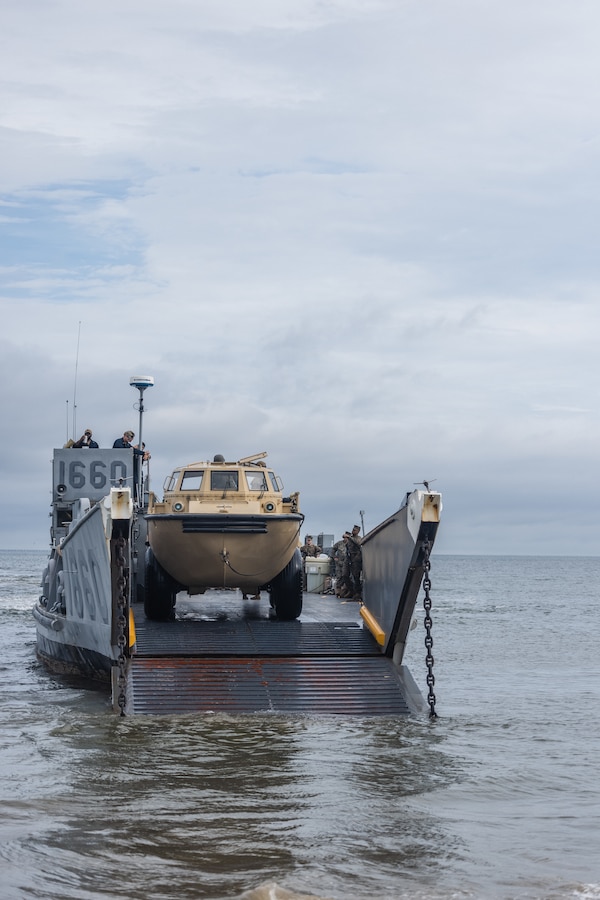 A light amphibious resupply cargo sits onboard a landing craft utility during Defense Support of Civil Authorities mission rehearsals in Norfolk, Virginia, July 24, 2024. Marines and Sailors with the II Marine Expeditionary Force (II MEF) Maritime DSCA Task Force conducted a full mission rehearsal in order to practice deploying as a team in support of civil authorities. This rehearsal was designed by II MEF and United States Fleet Forces Command to integrate and increase amphibious capabilities on the East Coast for potential humanitarian relief and disaster assistance mission during this hurricane season. (U.S. Marine Corps photo by Cpl. Meshaq Hylton)