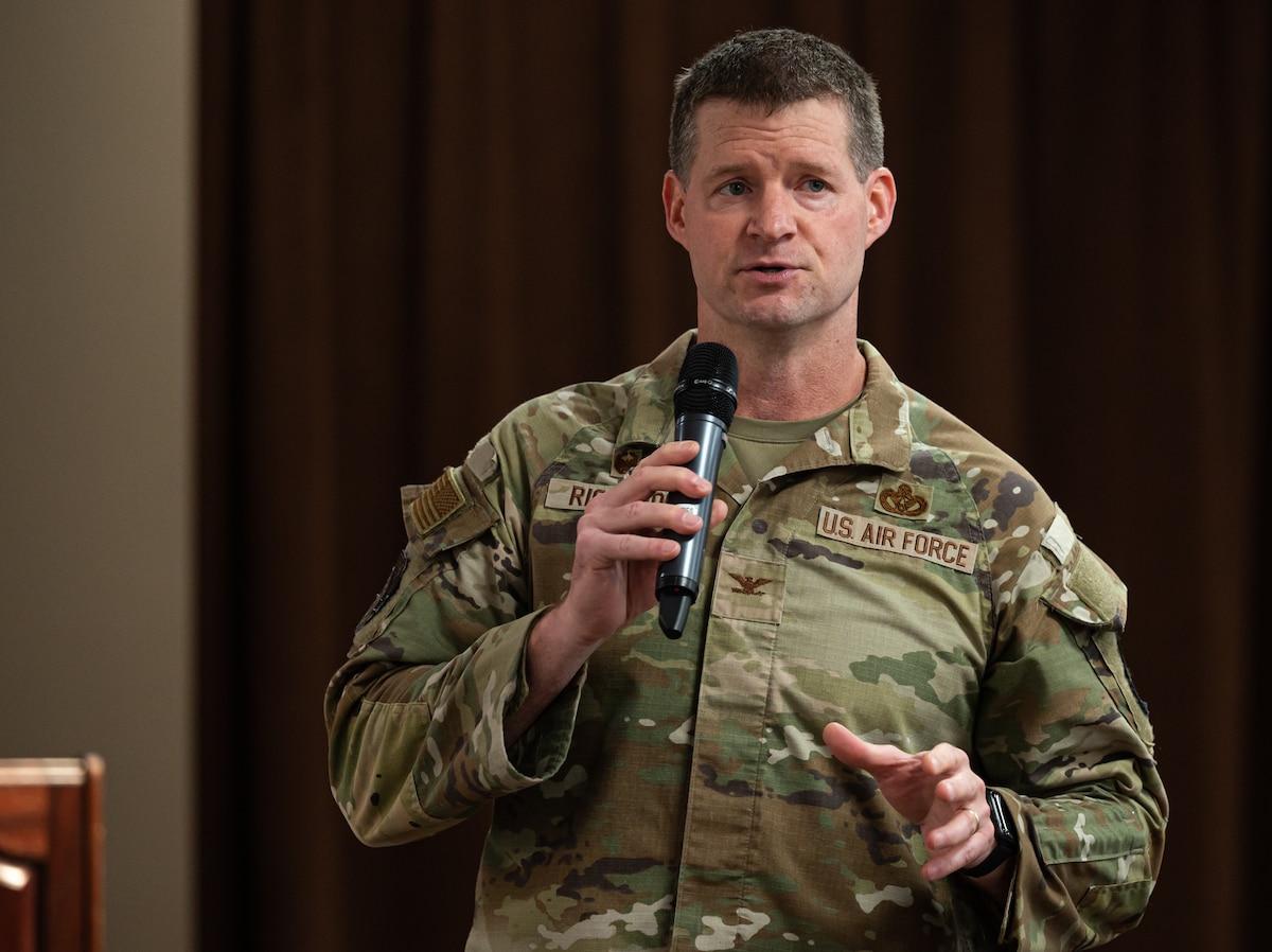 Col. Dustin Richards, 88th Air Base Wing Commander, gives remarks during an education fair at Wright-Patterson Air Force Base, Ohio, July 24, 2024.
