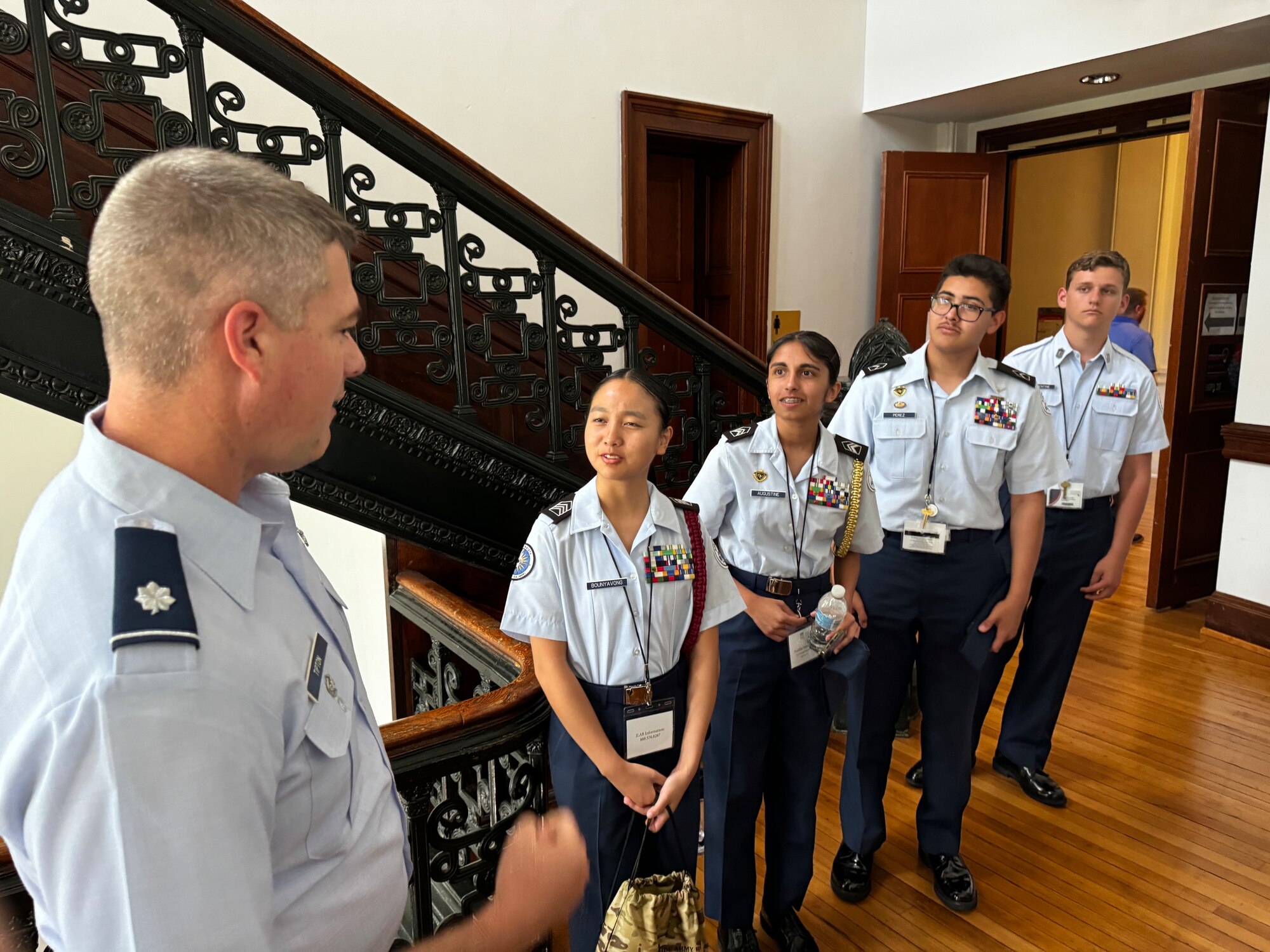 Lt. Col. Matthew Tipton speaks with cadets at the Junior ROTC Leadership and Academic Bowl