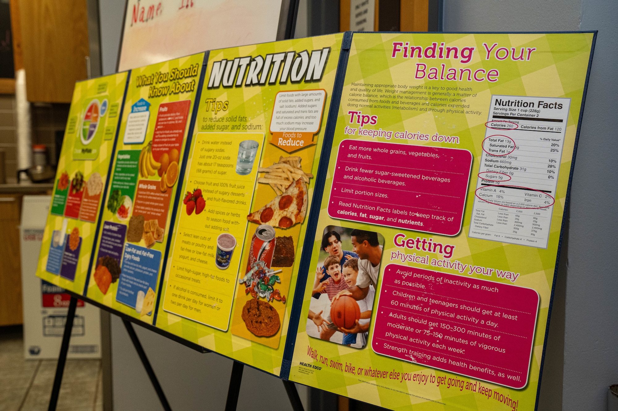 Tips about proper nutrition are displayed for attendees of the Student Health Fair on Keesler Air Force Base, Mississippi, July 19, 2024.