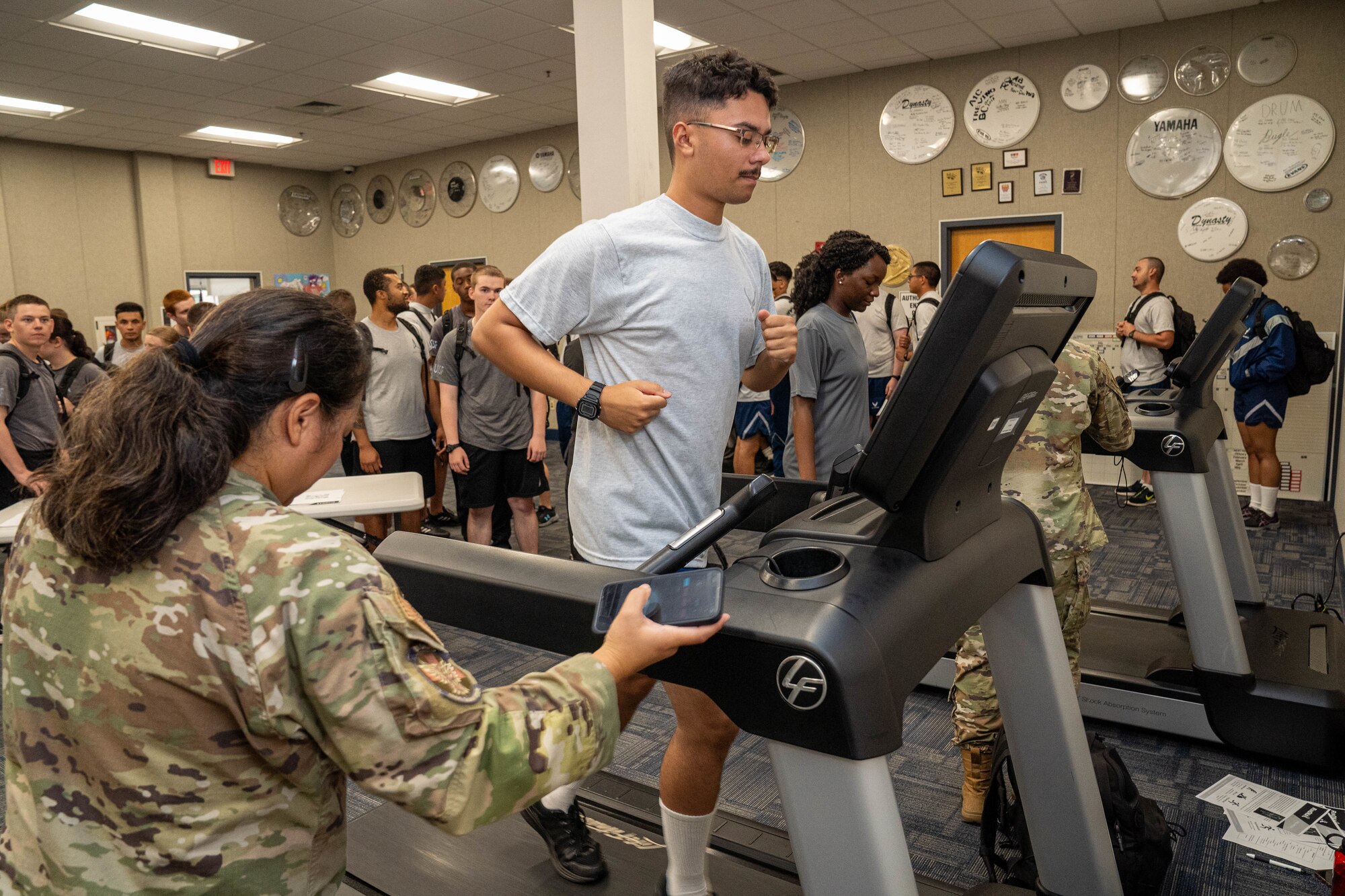 A 338th Training Squadron Airman has his running form assessed during the Student Health Fair on Keesler Air Force Base, Mississippi, July 19, 2024.